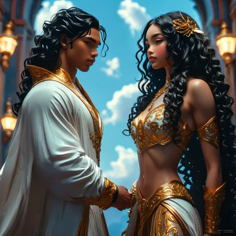 Novel in celestial landscape, a dark dangerous young darkskin couple with (((a long black hair young judge))) with (((a young imperial dangerous warrior with long black curly hair))), ennemies, very beautiful, perfect faces, whole body, romantic scene, rom...