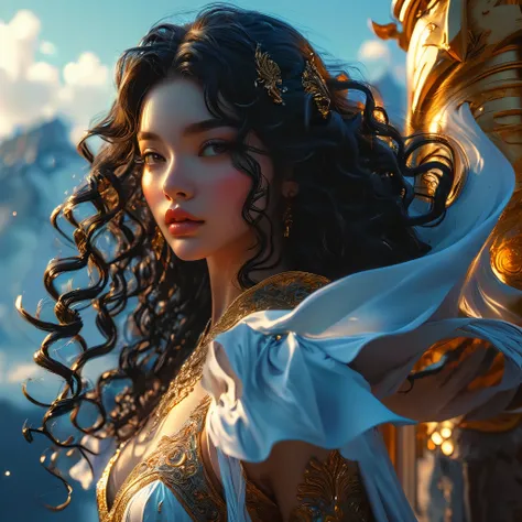 Novel in celestial landscape, (((a long black hair young judge))) with (((a young imperial dangerous warrior with long black curly hair))), ennemies, very beautiful, perfect faces, whole body, romantic scene, romantic Way, sexy couple, 8K, extremely detail...