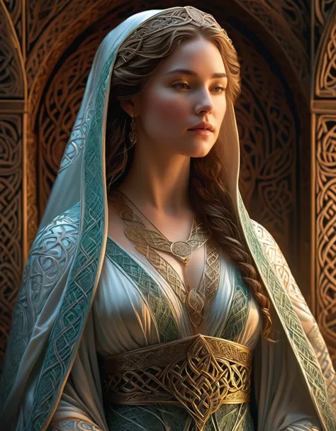 A mystical female figure, draped in flowing robes, with intricate Celtic patterns adorning her attire. Rendered in a realistic hyper-detailed style, with a touch of ethereal glow, reminiscent of Renaissance portraiture.