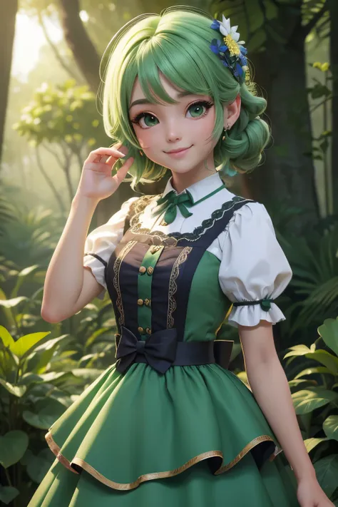 Estilo 3DMM, (obra maestra, mejor calidad), detalles intrincados, 1 chica, solo, pelo verde, pinza para el cabello de flores, vestido verde, mirando al espectador, Sonrisa comprensiva, in an ethereal fantasy forest!