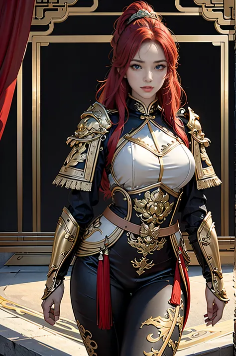 photorealistic, high resolution, soft light,1women, solo, hips up, shining skin, (detailed face), sexy chinese armor,armor, scarlet hair , seduce pose,standback show her butt