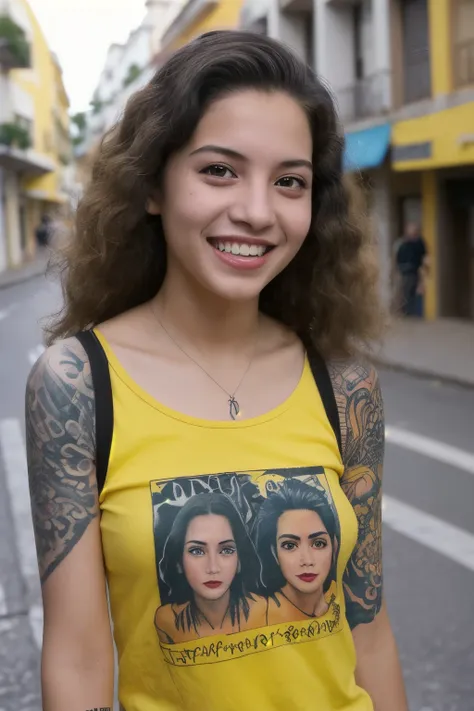 foto de fotografia de rua de uma jovem com cabelo amarelo, Sorriso, feliz, camiseta fofa, decote1:5, tattoos on arms, sentado em uma lanchonete dos anos 50, escuro, Holofote, silhueta 