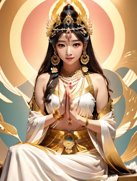 wearing a white dress，Arad woman with a golden headdress, head shines，hold a sword in hand，white skin is delicate，that&#39;It&#39;s like my whole body is sitting on a rock，The background is the forest of Iwayama Village..，beautiful fantasy empress, goddess...