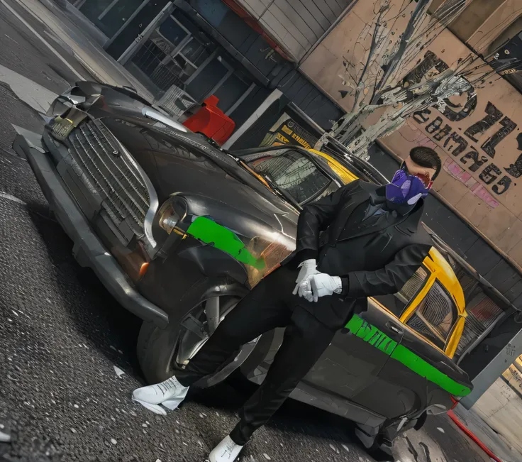 there is a man in a black suit and white gloves standing next to a car, cyberpunk street goon, gta5 style, gta v street style, gta character, gta 6 style, as a character from gtav, style of gta v, gta v style, grand theft auto style, gta style, gta in mosc...