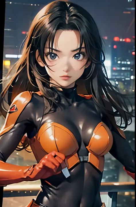 highest quality、special effects、sentai hero 1:5、slim body shape、black haired woman、sharp eyes、sentai hero suit（orange and red）1:...