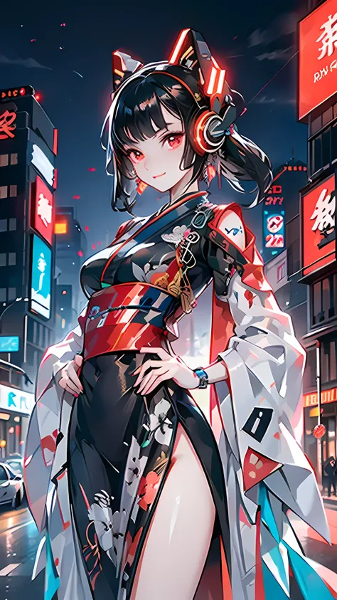 (masterpiece), best quality, expressive eyes, perfect face,1 girl, japanese clothes, liquid silver and red, kimono, cyberpunk ci...