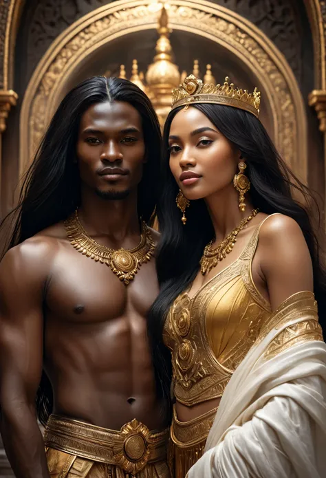 Novel in futurist kingdom of Mali, a beautiful young darkskin couple with (((a long black hair young queen))) with (((a young imperial king with long black hair))), with desire, hot couple, (((very beautiful))), perfect faces, whole body, romantic scene, r...