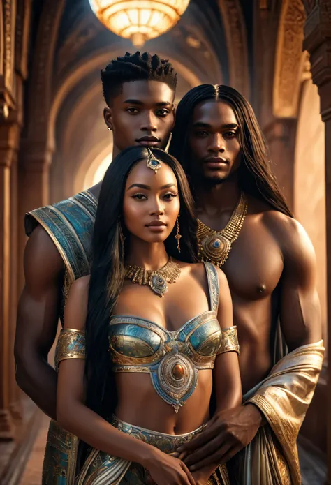 Novel in futurist kingdom of Mali, a beautiful young darkskin couple with (((a long black hair young queen))) with (((a young imperial king with long black hair))), with desire, hot couple, (((very beautiful))), perfect faces, whole body, romantic scene, r...