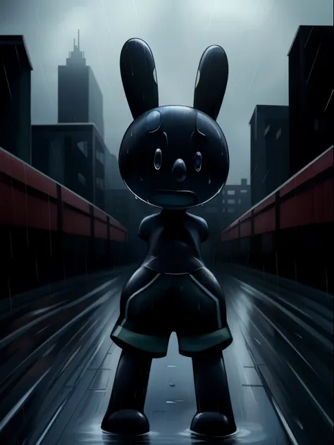 oswald, armless, missing arms, no arms, black eyes, blue shorts, white polka dots on ears, sad expression, open mouth frown, cry...