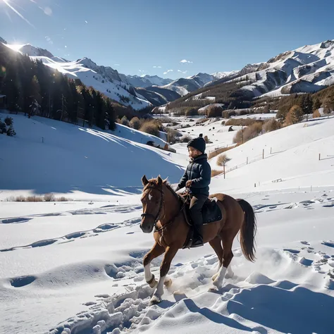 "Animate short movie of a small kid and horse walking on a snow cap valley where climate is stunning and snow falls all around in 3D and realistic video "