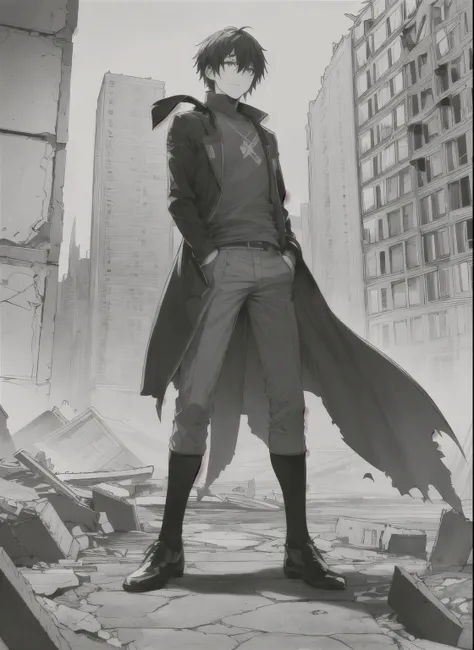 Imagine a hero with a mysterious aura, wearing clothes that reflect resilience and hope for a new beginning, amidst the ruins of a devastated past