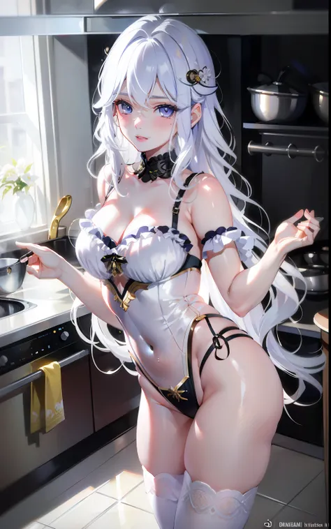 (Hyperrealistic Illustration), (Masterpiece in 8K), (Extremely Detailed and Best Quality), (Ultra-Defined Features), (Beautiful Detailed Eyes With Heterochromic Iris), (One Girls Intimate Moment), (White Wavy Hair Kitchen Scene), (Korean Beauty), (Sensual ...