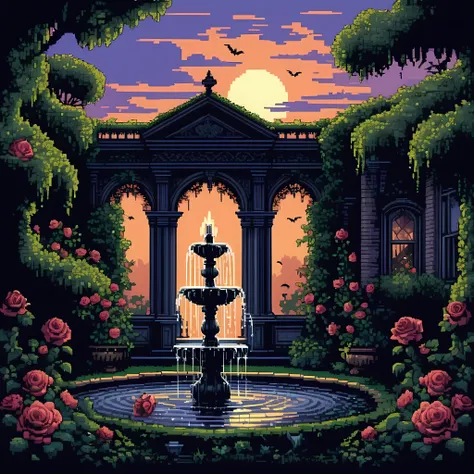 cute pixel art illustration, masterpiece in maximum 16k resolution, superb quality, visualize a haunting twilight garden within ...