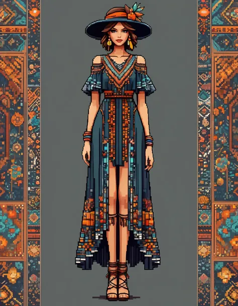 in style of pixel art, a dress, full body, beautiful detailed，in style of boho fashion design ,