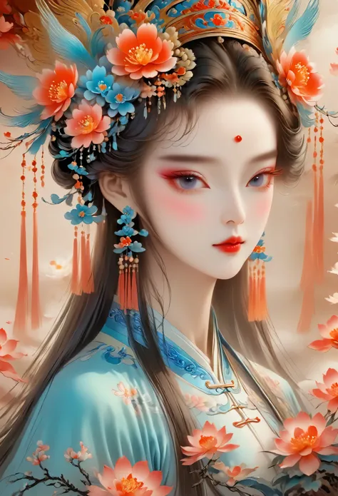 (masterpiece, best quality: 1.2), close-up of a woman wearing a flower headdress, palace, girl in hanfu, beautiful fantasy queen...