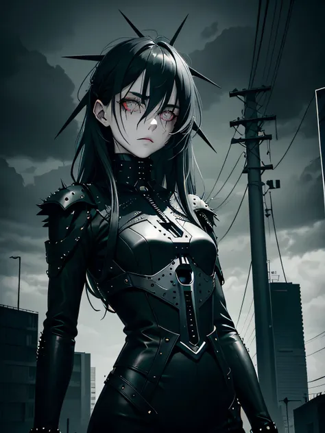 Dark modernist art, knee length portrait, mechanical girl, black eyes, black sclera, (dark black gray sclera), mechanical eyes, ashen skin, gray skin, sharp helmet, (gray hair), ((long messy hair)), dark modernistic landscapes, steel beams, on high, cloudy...