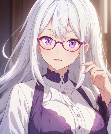 white hair, purple eyes, cute, female, beautiful, wears glasses 