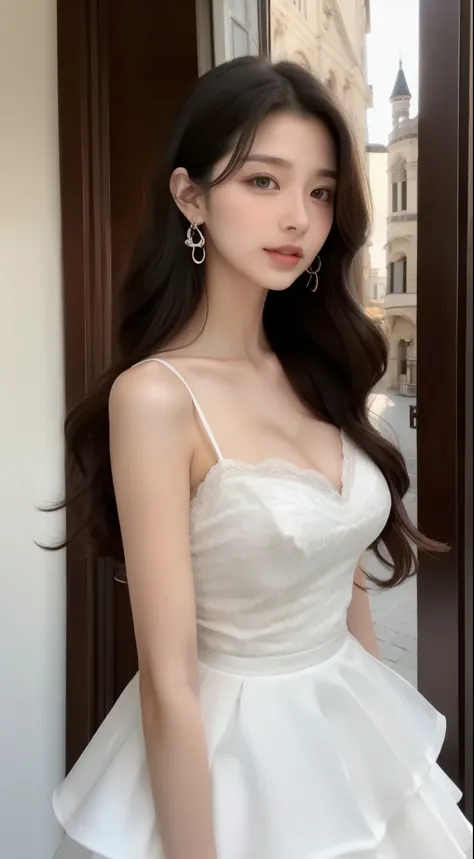 perfect figure beautiful woman：1.4，Layered Hair Style，Protruding cleavage，Black two-dimensional clothing：1.5，Highly Detailed Face and Skin Textur，ssmile, double eyelid，Whiten the skin，long straight hair，Beautiful woman standing on the balcony of the castle