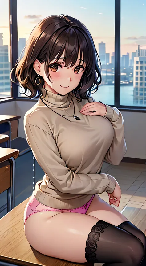 (table top, highest quality, High resolution, , perfect pixel, 4k,), 1 girl, single, alone, Beautiful woman、I could see the whole body、 ((wavy short hair, bangs, brown hair)), ((brown eyes, beautiful eyelashes, realistic eyes)), ((detailed face, blush:1.2)...