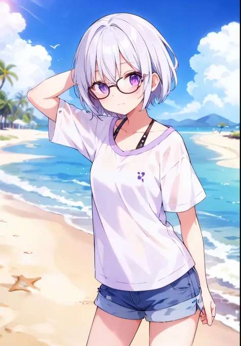 white hair, purple eyes, beach clothes, shorts, short hair, wearing glasses, funny, cute, girl 