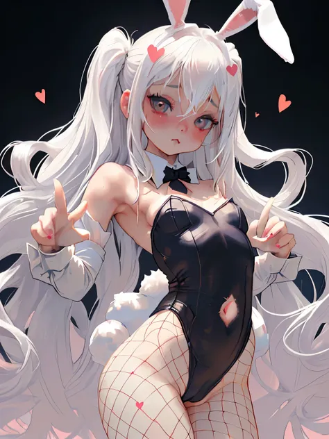 nsfw,cute girl, ((leotard)),(Bunny girl),long hair,white hair, heart hands,Fishnet tights,face forces ,((Navel exposed)),small breasts ,