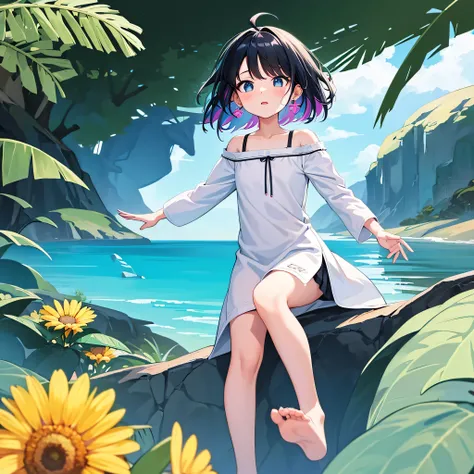 超A high resolution, nffsw, best aesthetics, Highest quality of foot depiction,Im surprised with open arms,  has rainbow colored hair,　black hair, flat avatar,  Anime visuals of cute girls, cute art style, Chibi, anime stylized, short hair, Ahoge, I&#39;I&#...