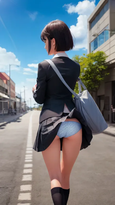 (((RAW image quality:1.4))), best image quality, 1 girl, black short hair, Run, from behind, accidental exposure, suit, pleated skirt, polka dot panties, Black Bag, socks, The wind is blowing