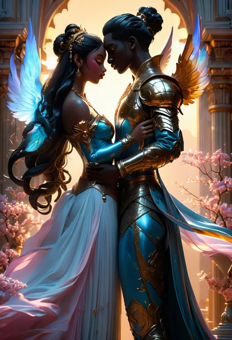 Two (((darkskinned))) loving couples in a celestial landscape, heavenly palace, two young dark-skinned couples in their 20s, for both couples the men are both in love with the two women but not them, the first (((darkskinned))) couple is a (dark-haired imp...