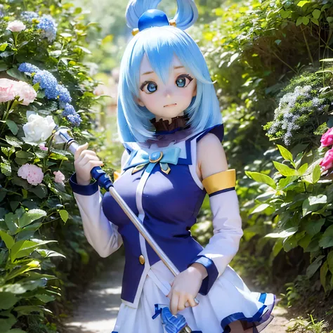 (a young girl and) blue hair, (wearing) a white and blue dress, (holding) staff, (standing) in the midst of lush greenery, livel...