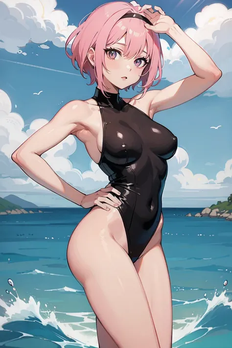 woman with short pink hair , Bold poses , sea