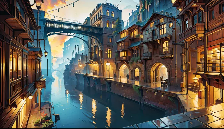 ((masterpiece)),((highest quality)),((high detail)),((realistic,))
Cities in the industrial era, deep canyon in the middle, architecture street, bazaar, bridge, Wet day, steampunk, European architecture