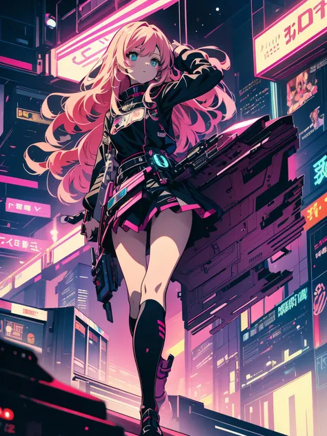 （High resolution, highest quality, masterpiece）, very high quality, （be familiar with、shining eyes）, anime, An illustration, fantasy, hard rock girl, so beautiful、cute, pink wavy hair, side blade, mini skirt, knee high socks, Engineer boot, background:Cybe...