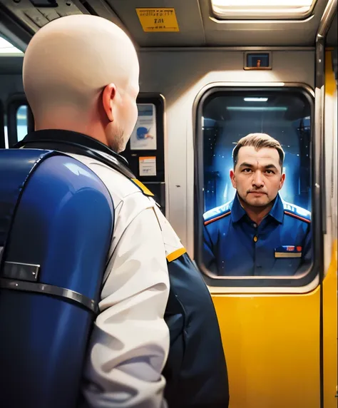 Editorial Photography of a strong male cosmonaut ((40 year old)) sitting in front of a train window to space, looking at camera, back to viewer, realistic skin, Photojournalism, retrofuturism, Kodak Ektar, Depth of Field, F/1.8, 4k, volumetric, vignette