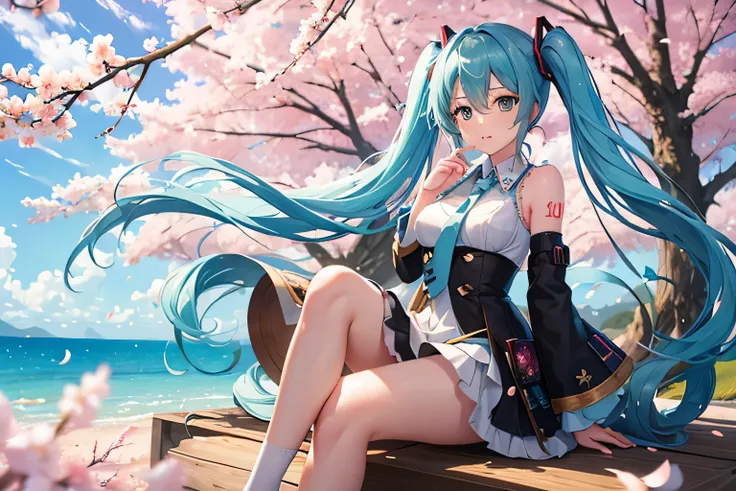 (masterpiece), (highest quality), (Super detailed), (messy hair), (whole body), (one girl), (Hatsune Miku),wonderful, (aerial live stage), (background: Scattering cherry blossoms), fine and beautiful eyes, delicate beautiful face, floating, (high color sat...