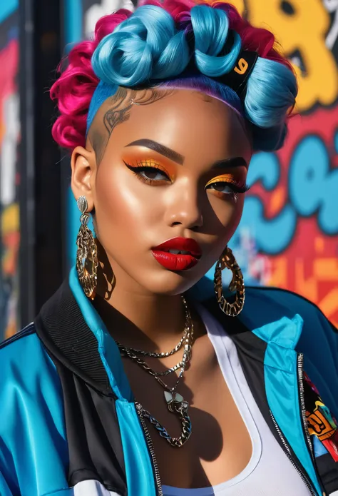 (best quality,4k,8k,highres,masterpiece:1.2),ultra-detailed,(realistic,photorealistic,photo-realistic:1.37),hip hop fashion,portrait,colorful,retro,vibrant colors,pixelated style,detailed facial features,expressive eyes and lips,urban background,stylish cl...