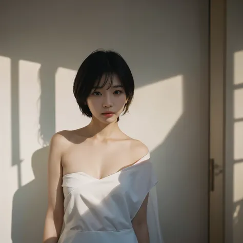 Best quality, masterpiece, ultra high res, (photorealistic:1.5), raw photo, 1girl, using thin sheet of fabric, in the room with open windows, light shadow, low key, warm light, sexy look, short hair, asian face, Chinese face