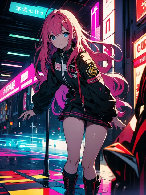 （High resolution, highest quality, masterpiece）, very high quality, （detailed、Shining eyes）, anime, An illustration, fantasy, hard rock girl, so beautiful、cute, pink wavy hair, side blade, mini skirt, knee high socks, Engineer boot, background cyberpunk ci...