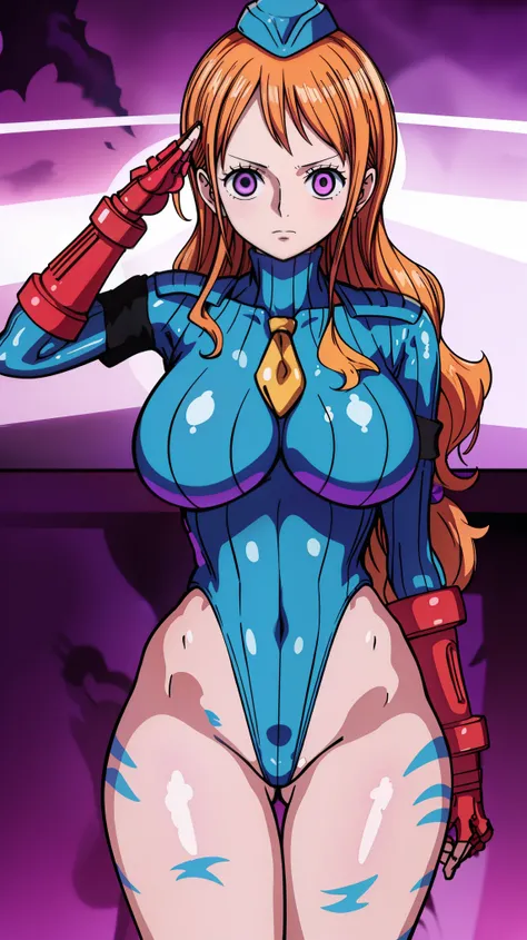 1 girl,NSFW, Nami ,(one piece),clavicle, absurd, brainwashing,Combatant, empty eyes,((purple glowing eyes 1.5)),  (huge breasts 1.8), No expression, emotions removed,(black shadaloo suit),avert your eyes , 全身shape, ((stand up, salute)),(highest quality、4k、...