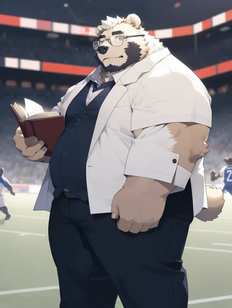 hairy，（Bear，white fur，light fur，Light-colored fur，Light trench coat，white underwear，），huge football stadium，Stand in the audience，Light，black glasses，cute expression，Holding a book in one hand,The other hand pushes up the glasses，Secondary sexual character...