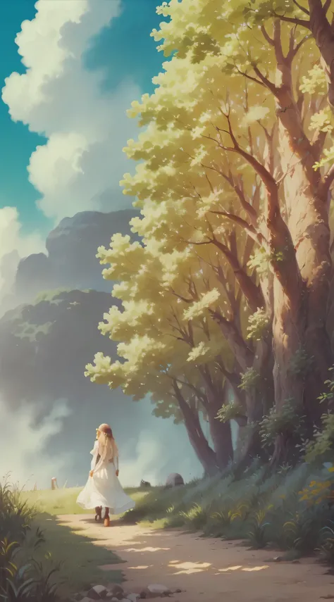 The clouds are ethereal，and the sun was shining brightly，with blue sky and white clouds，grass field，Glow，Long-haired girl in white dress walking on grass