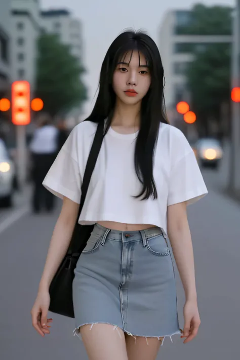 A girl walking on the street late at night，Wearing a white T-shirt，Denim skirt，long black hair