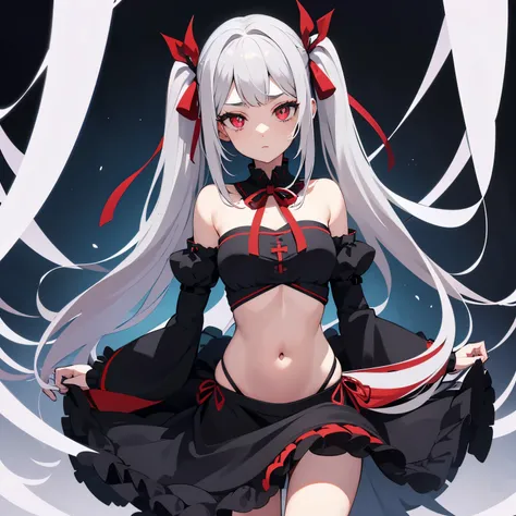 animated, animification, full body, Girls Front, neat figure, Beautiful detailed girl, teenage girl, long hair blown up, asymmetrical bangs, twintails, grey hair, extremely beautiful detailed anime face and eyes, beautiful detailed cold face, complex detai...