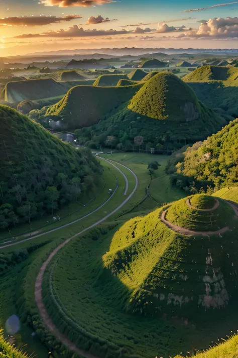 chocolate hills,philippines,textured hill with vibrant green grass,layered scenery,symmetrical hills,rolling landscapes,clear blue sky with fluffy white clouds,breathtaking panoramic view,natural wonders,large group of chocolate-colored hills,smooth slopes...