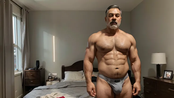 Vietnamese dad with gray hair, mature face, a thick mustache, a short chin beard, bear body, wearing a massive bulging jockstrap standing in the bedroom, have belly, big muscular chest, a sexy pose standing