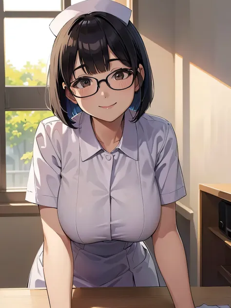 8K,super high quality,best illustrations:1.4,natural shadow(Huge breasts that are about to burst),(enchanting smile:1.3),(nurse_uniform),(black hair、Glasses、bob cut),(place:Examination room)