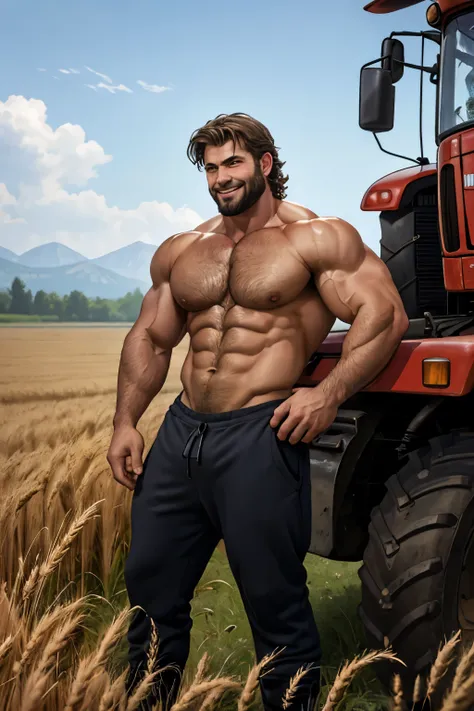 A muscular Soviet Union tractor driver, hairy body, alpha male, huge biceps, ripped abs, shaggy hair, sweatpants, wheat field, leaning against the tractor, a satisfied grin, 4k, high detailed, beautiful, dark age, art by Stanley artgerm, by Daniel f gerhar...