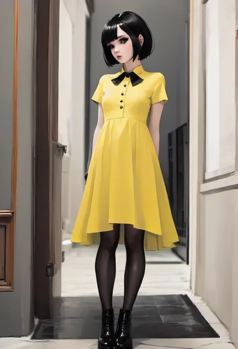 goth girl yellow dress short black hair looking at her feet