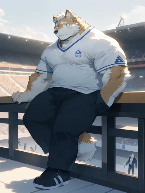 hairy，（Akita dog，white fur，light fur，light fur，White short sleeves）stadium，rooftop，Light，cute expression，Secondary sexual characteristics are obvious，tonic，Wide body，Just leaning on the railing，极其lifelike阴影，masterpiece，Very detailed，lifelike
