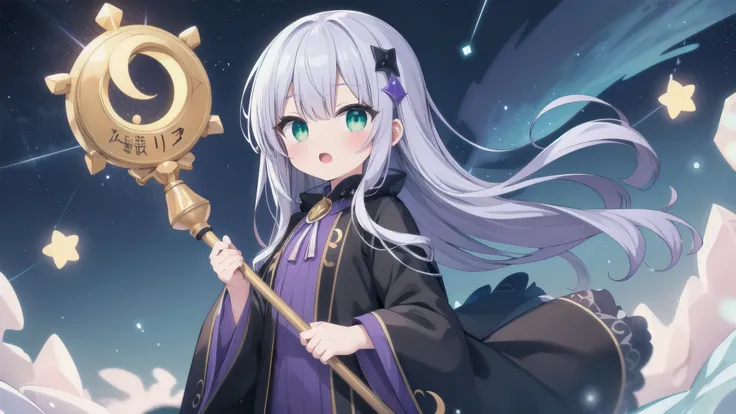 extremely detailed, Ridiculous, ultra high definition, Super detailed, best quality,
1 male, alone, beautiful hands, perfect hands,
Holding the crescent moon staff in hand,Dressed in black robes,
cold的lol容, lol, open mouth，Surrounded by strange purple rune...