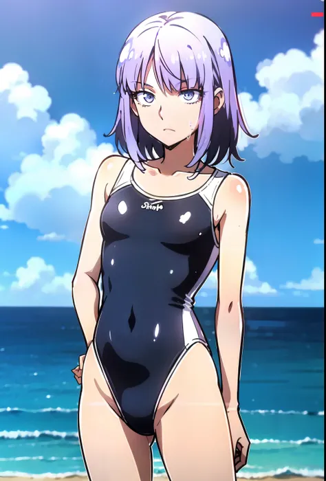 anime  white piping and navyblue swimsuit on the beach waving、short pale purple hair man、Purple-eyed man、bob cut、is wearing a swimsuit、ワンピースswimsuit、clothing:ハイカットswimsuit、swimsuit、白いパイピングが施されたblackいタンクスーツを着た男性、ワンピースswimsuit着用、wet swimsuit、白いパイピングが施されたblac...